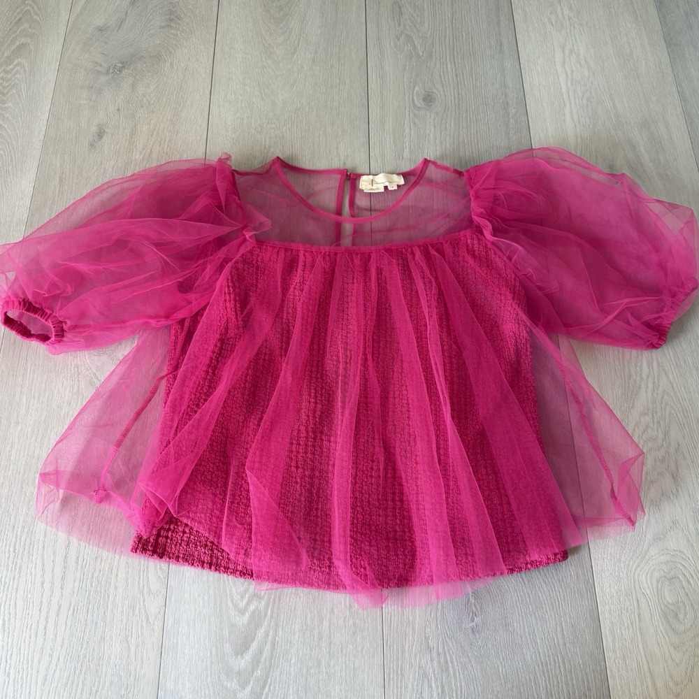 Anthropologie Pink Tulle Overlay Shirt Size S Small Blouse Puff Sleeve Cropped